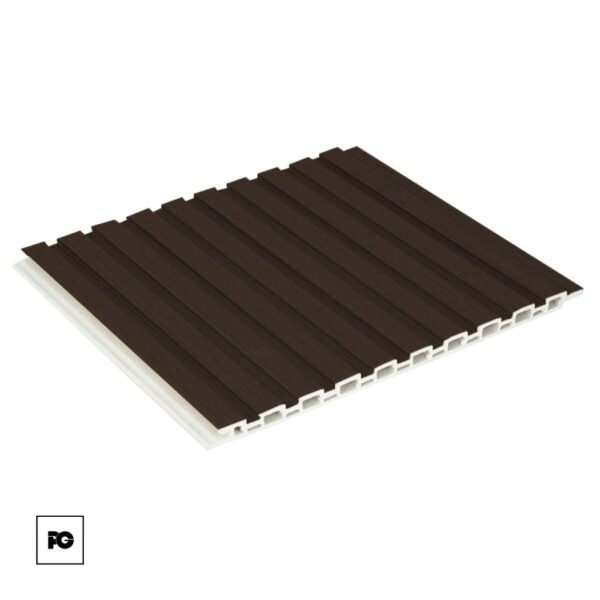 Brown grooved decking board with a white hollow-core underside, shown at an angle for outdoor flooring use.